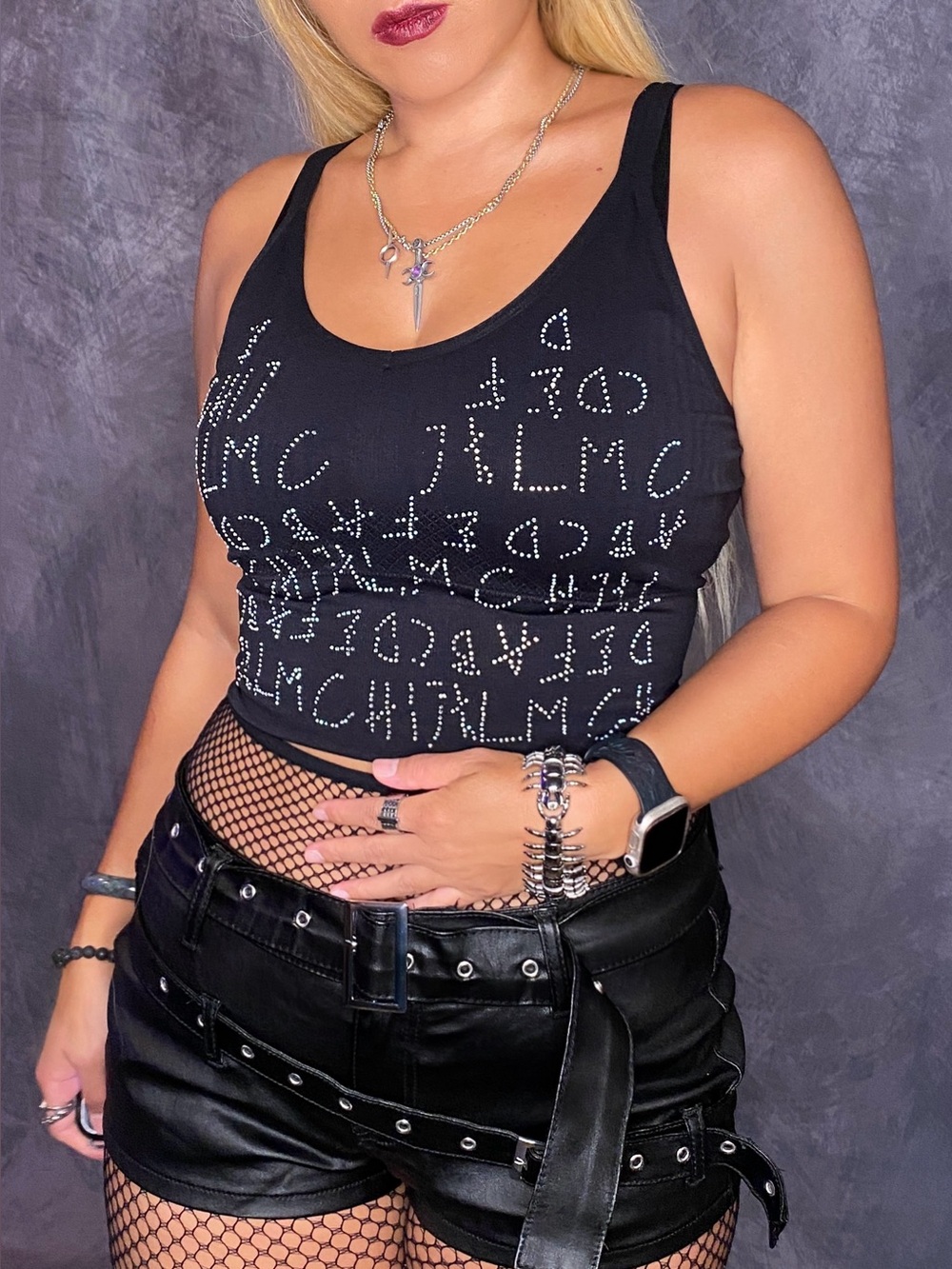 Disordered Lettering Rhinestone Tank Y2K Cyber Goth Glam - Picture 1 of 7